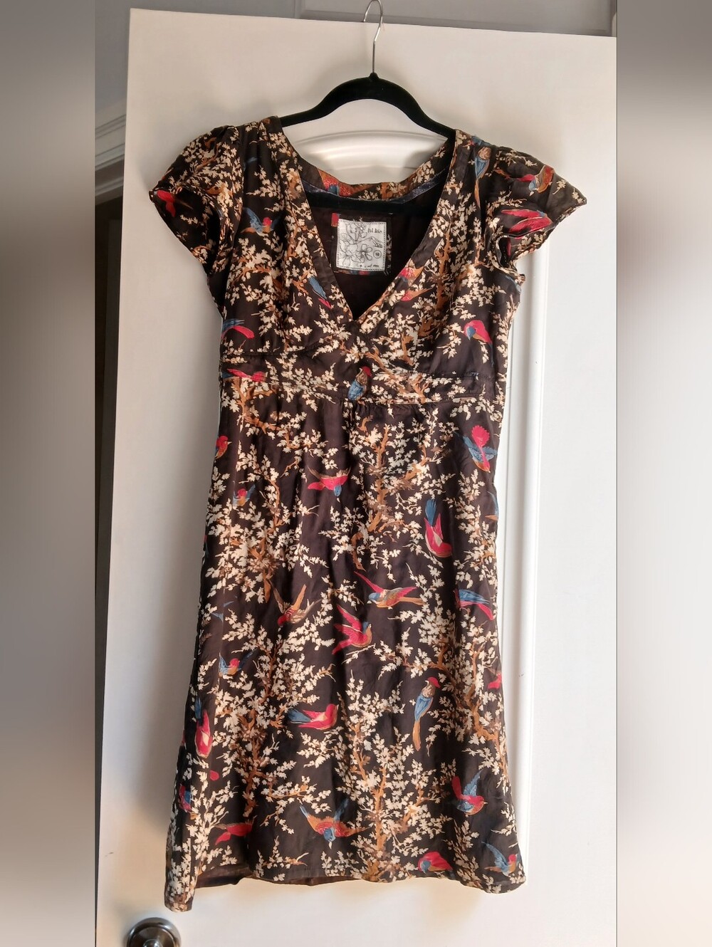 Floral Bird-Print V-Neck Women’s Dress - Black with Red & Blue Accents